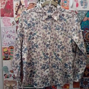 Foxcroft by Appleseed's 10P Wrinkle Free Button Up Floral White Blue Cotton LS